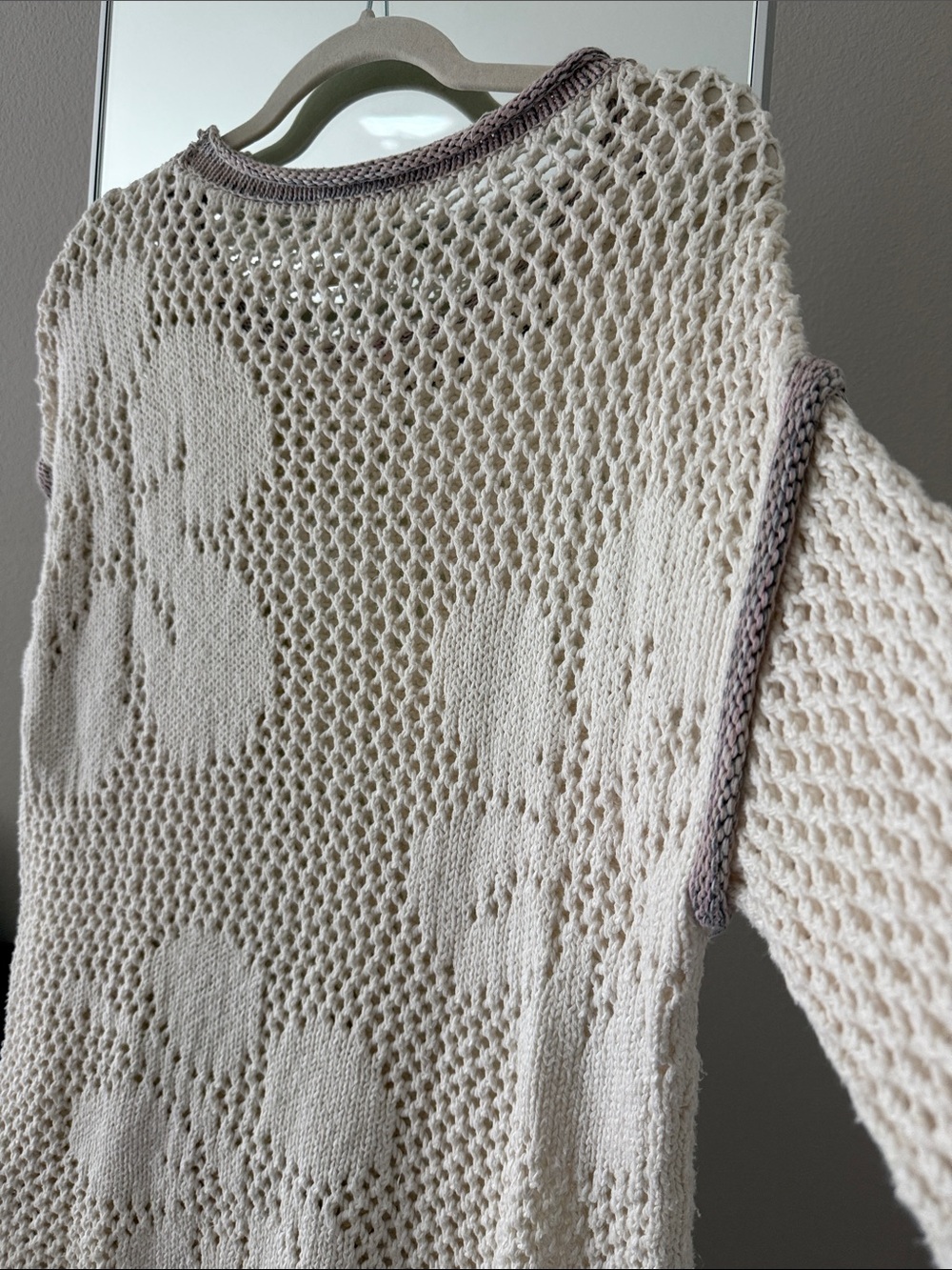 Free People Cream Open-Knit Dot Pullover with Taupe Trim SZ XS - Picture 5 of 5